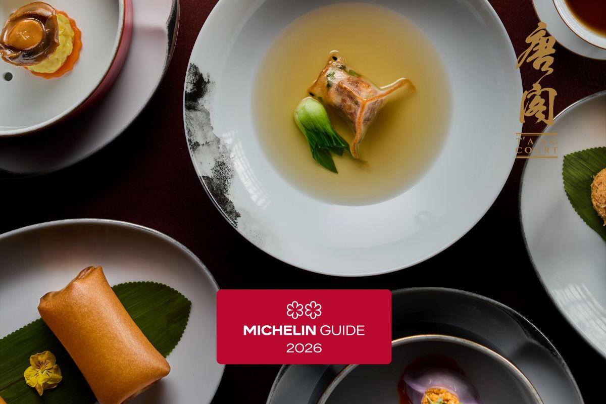 A dish from The Langham Shanghai Xintiandi Tang Court with the 2 star Michelin Logo